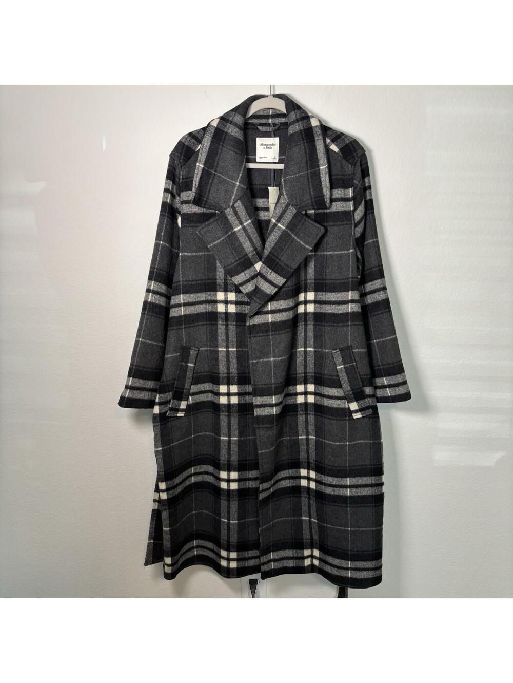 NWT Abercrombie & Fitch Wool Blend Belted Coat Trench Womens Large Plaid Winter